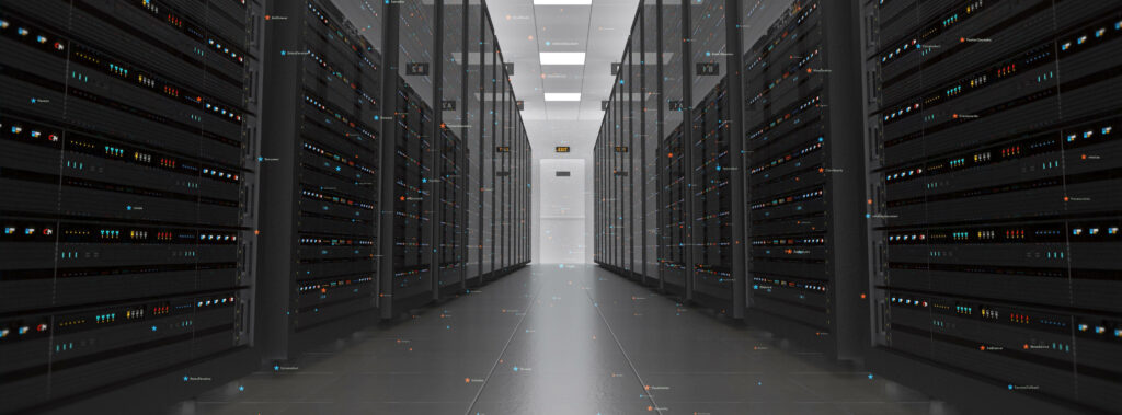High-tech data center with dark server racks and blinking LEDs in a futuristic setting wallpaper