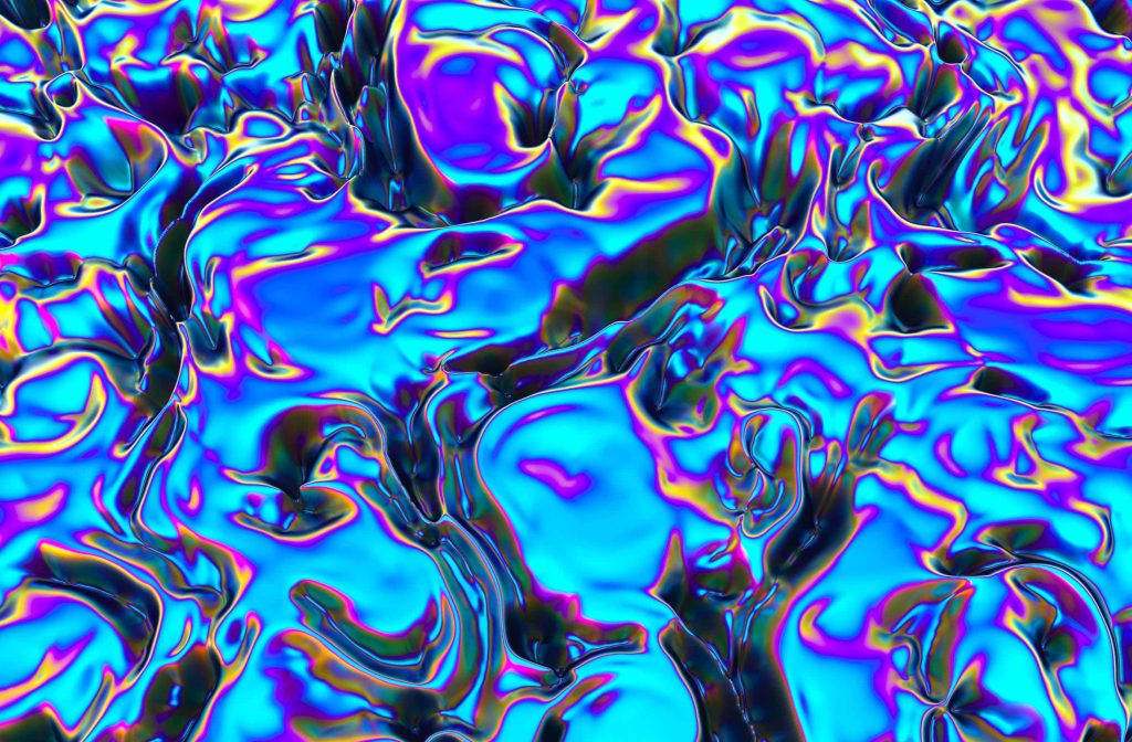Holographic 3D fluid surface with glowing blue purple gold metallic wavy abstract texture Wallpaper