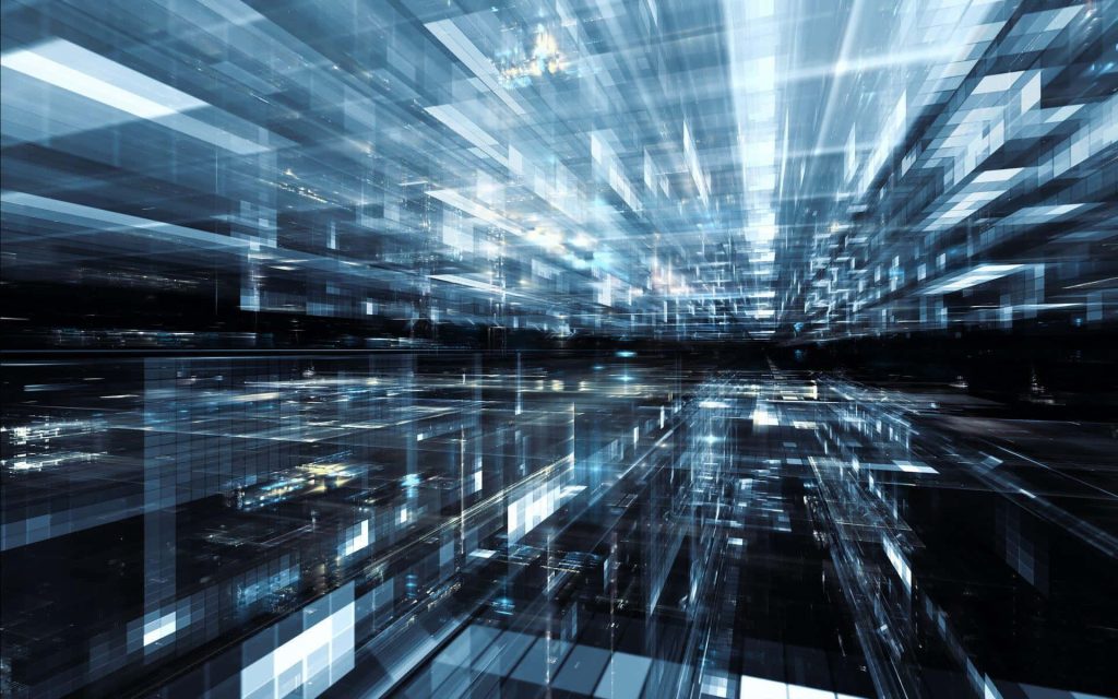Futuristic cityscape with holographic blue lights and geometric shapes in 3D cyberspace background Wallpaper