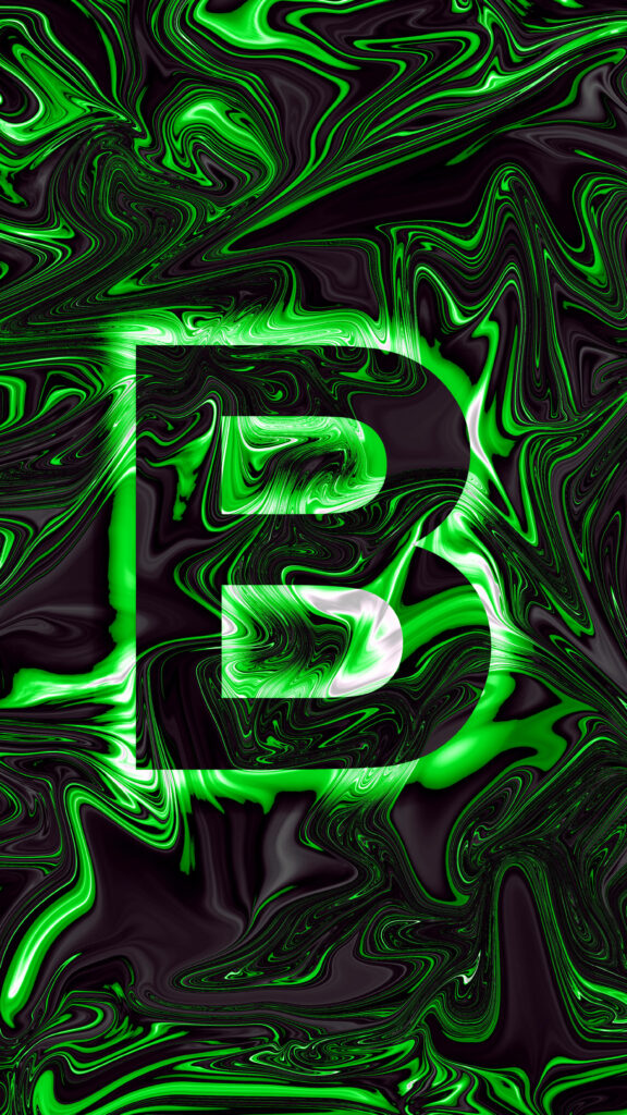 Holographic letter B on neon green and black swirling abstract background futuristic wallpaper