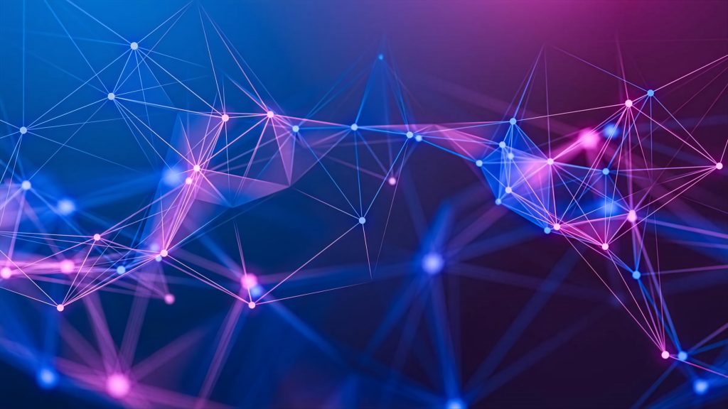 Futuristic holographic wallpaper with glowing blue magenta nodes and 3D digital network lines