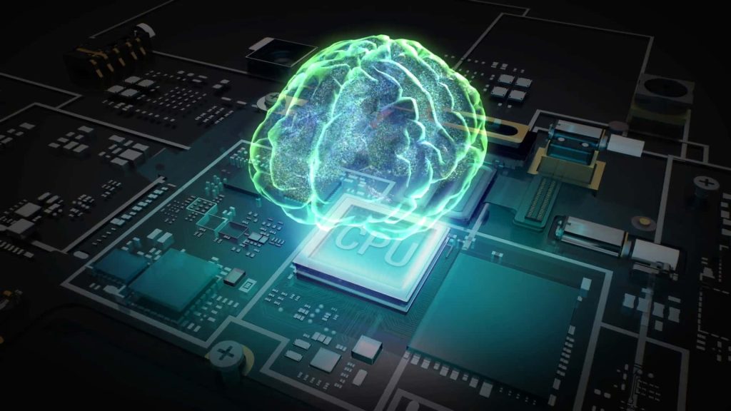Futuristic holographic neural network brain glowing green above high-tech computer motherboard background Wallpaper