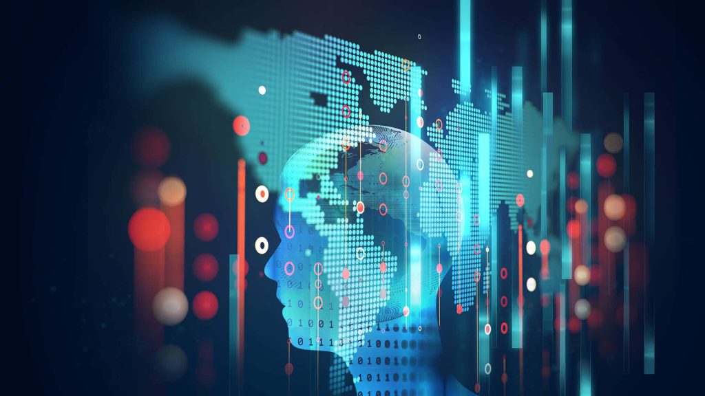 Futuristic humanoid silhouette digital globe binary code dark high-tech background AI art wallpaper