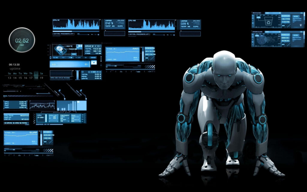 Futuristic Humanoid Robot Crouching in Tech-Themed Holographic Wallpaper