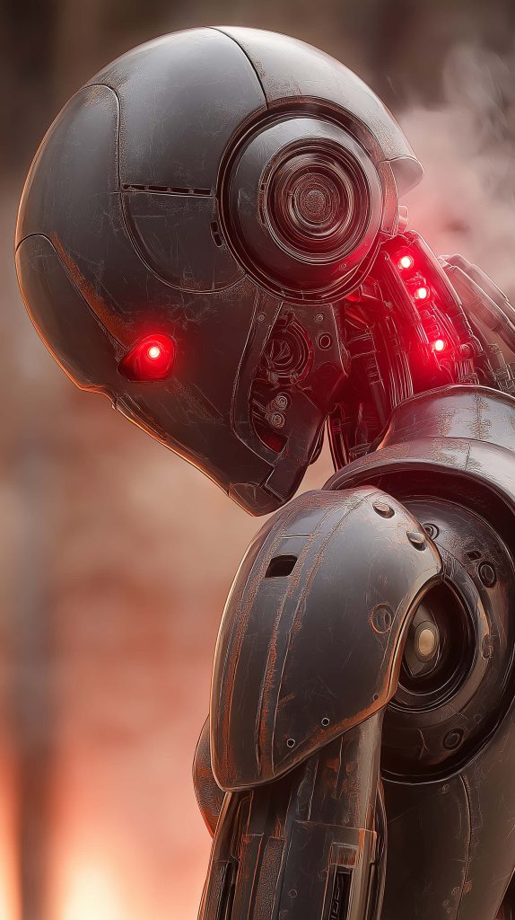 Futuristic weathered dark metal android with glowing red eyes and neck circuits on smoky background Wallpaper