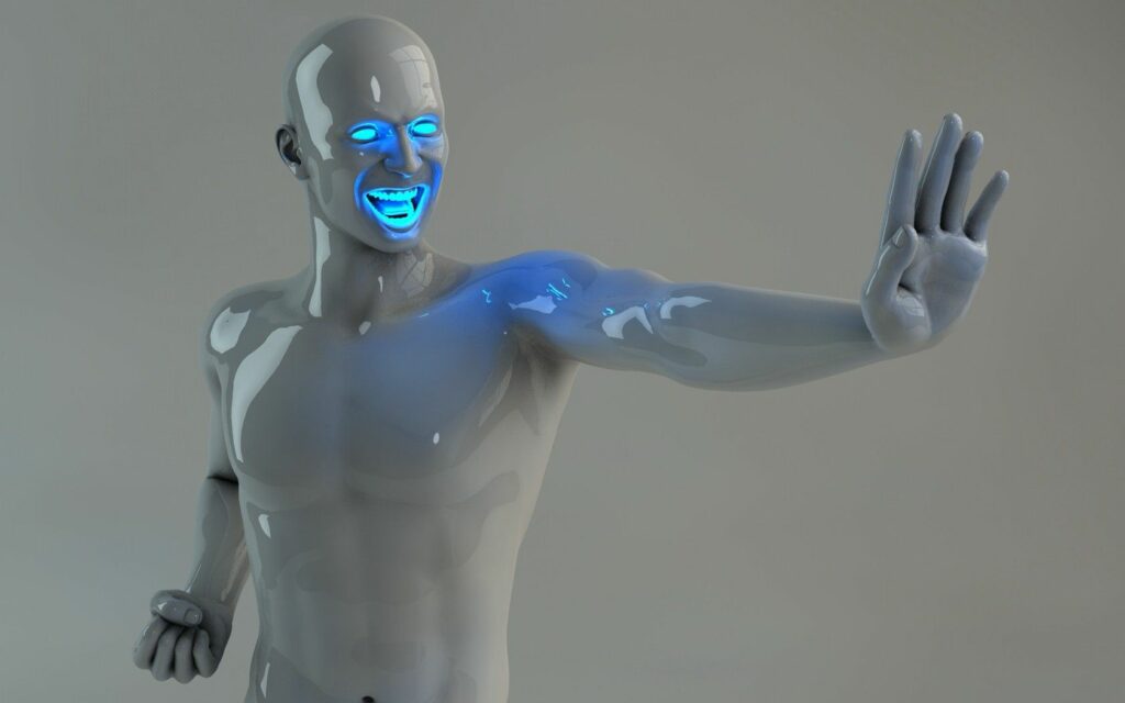 Futuristic Humanoid Robot Wallpaper with Neon Blue Accents