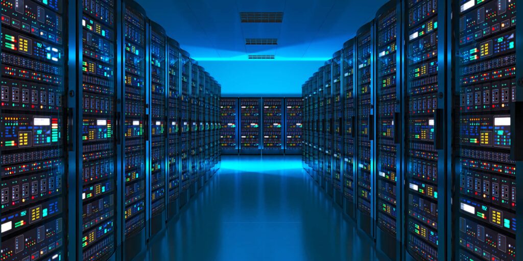 Futuristic hyperscale data center with blue-lit server racks showcasing advanced technology Wallpaper