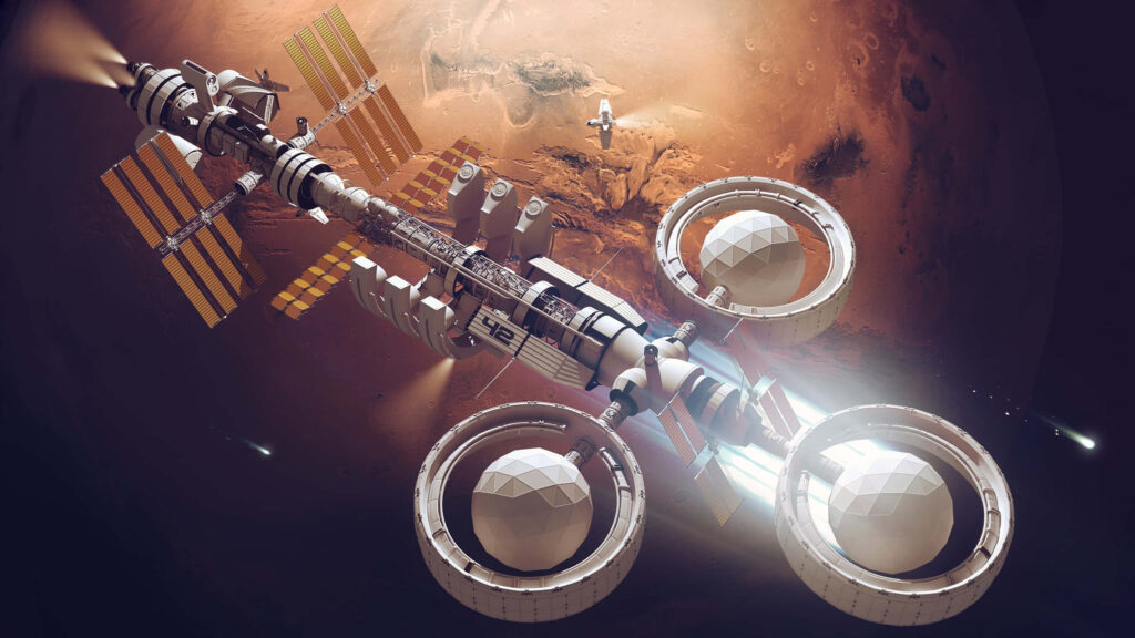 Futuristic ISS Orbiting Distant Planet - Stunning Cosmic Wallpaper