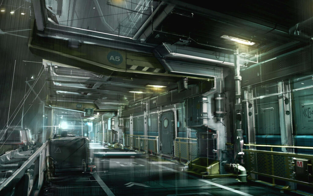 Futuristic Industrial Spaceship Corridor: Sci-Fi Metallic Wallpaper