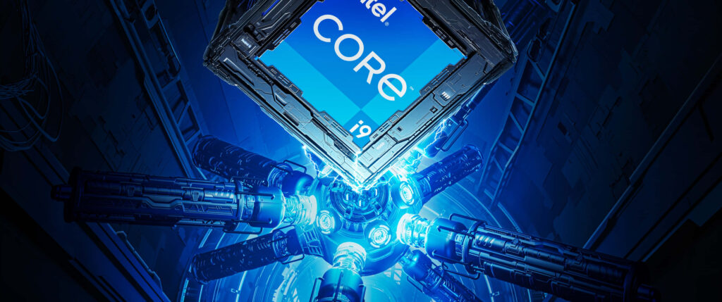Futuristic Wallpaper: Glowing Intel Core i9 Chip with Mechanical Arms