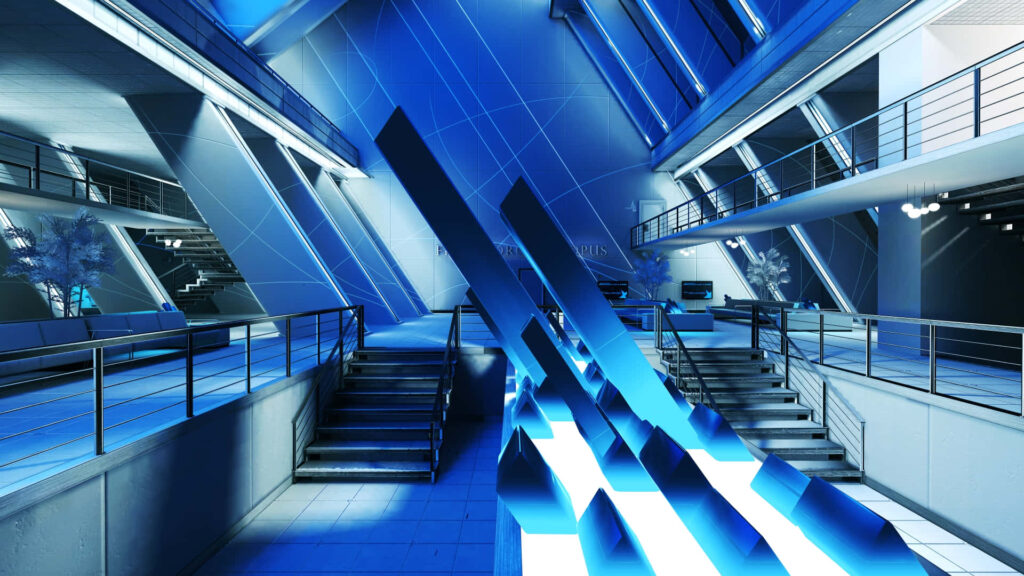Futuristic Blue Interior Wallpaper: Sleek Lines & Abstract Reflections