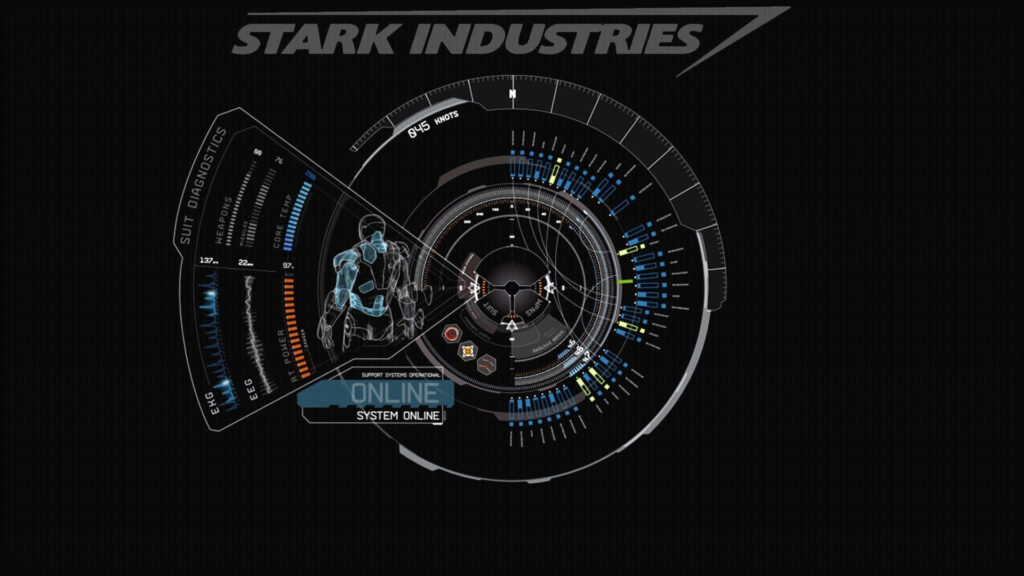 Futuristic Iron Man Interface Wallpaper with Holographic Displays