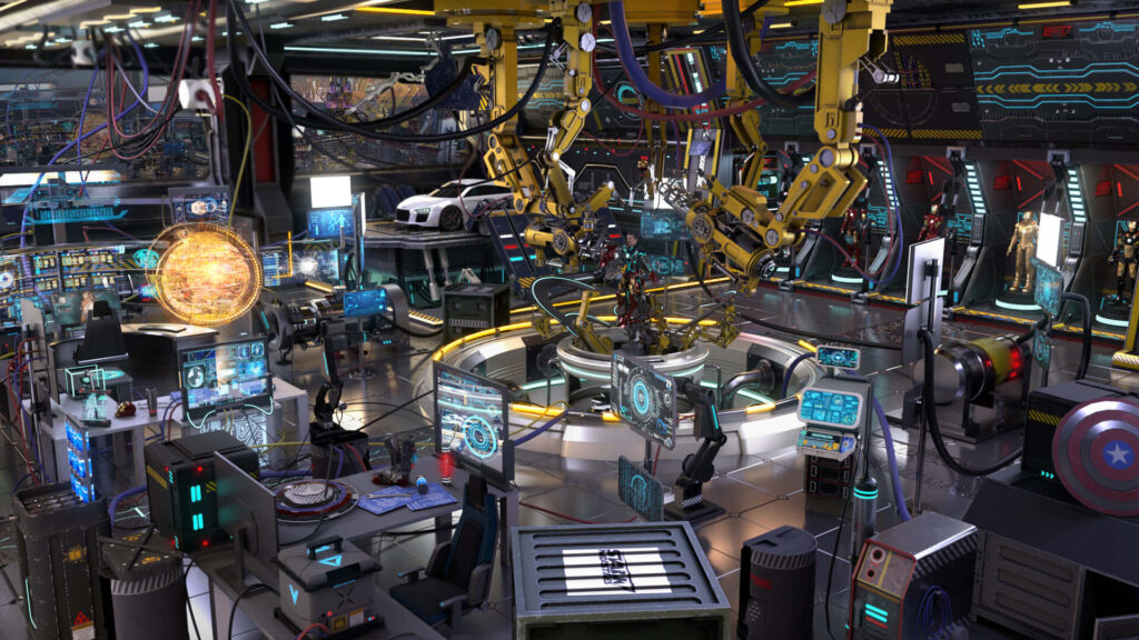 Futuristic Iron Man Lab Wallpaper: Advanced Tech & Holograms