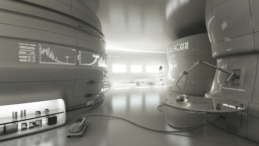 Futuristic Laboratory: Sleek Design & Robotics with Girl in Background Wallpaper