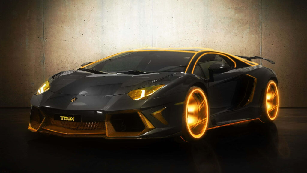 Sleek Lamborghini glowing with vibrant orange neon lights against textured wall background Wallpaper