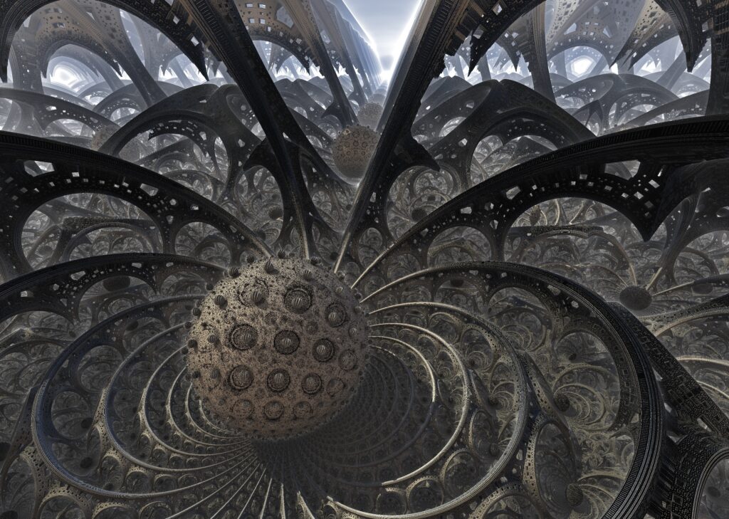Futuristic Landscape Wallpaper: Intricate Spheres & Geometric Depth