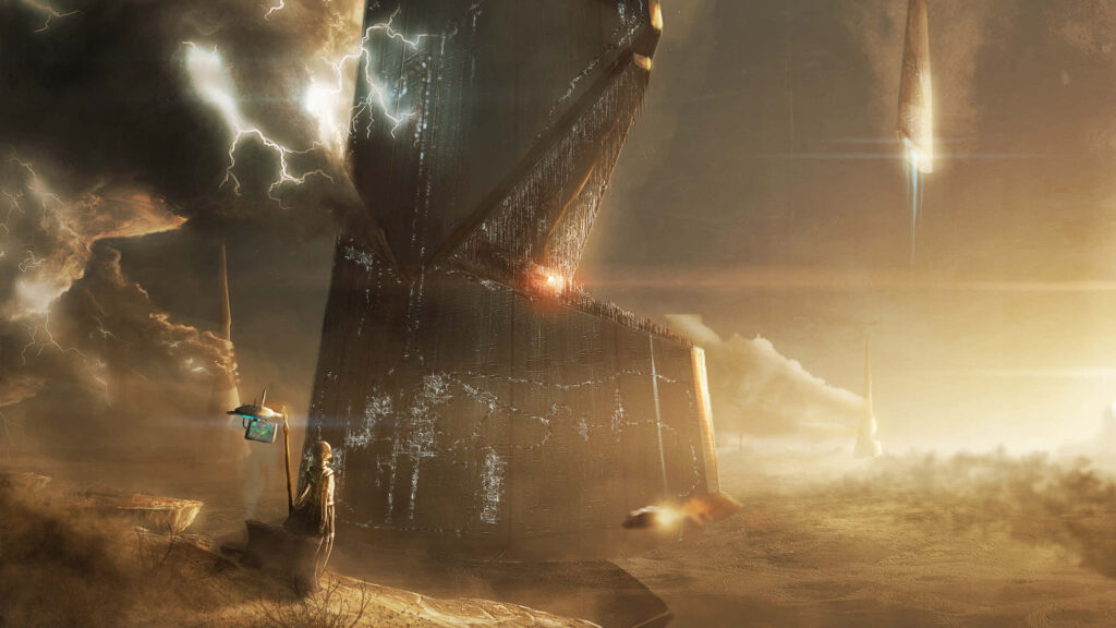 Electrifying Futuristic Landscape with Towering Spaceship Wallpaper