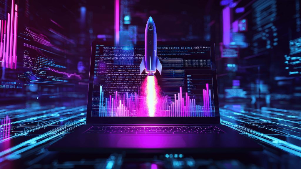 Futuristic laptop with dynamic graphs code and rocket launch in neon purple blue cyber tech wallpaper