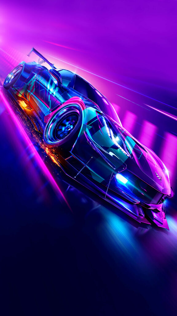 Futuristic luxury car speeding through neon cityscape with vibrant glowing lights in 4K wallpaper