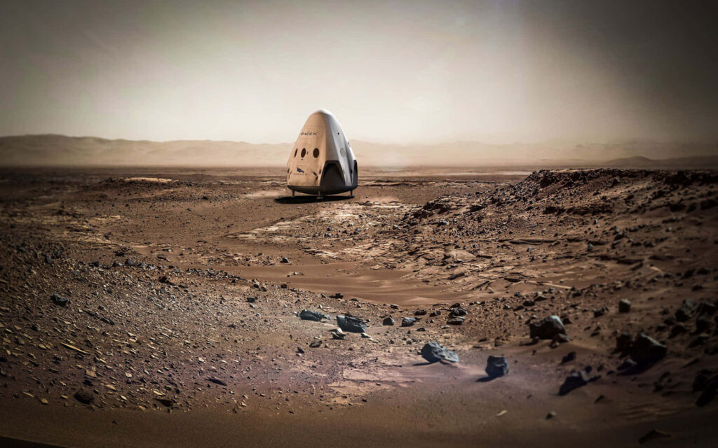 Futuristic Mars Adventure: Spacecraft on Rugged Terrain Wallpaper