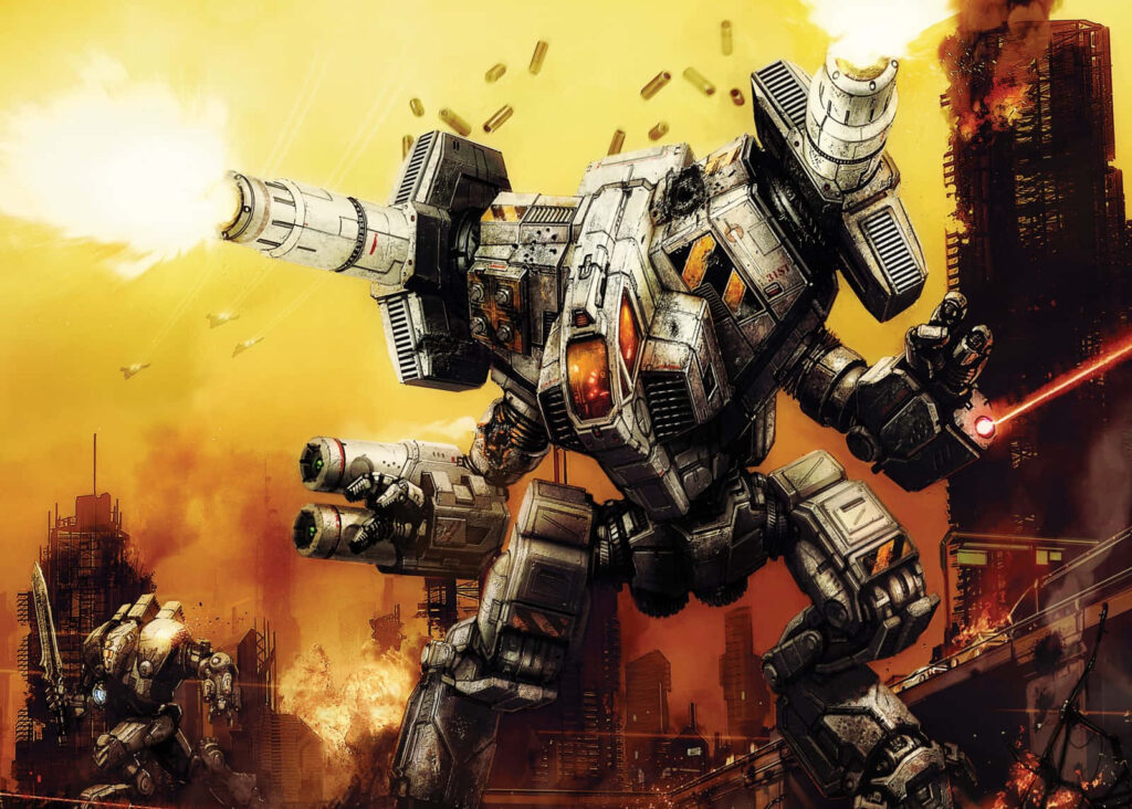 Colossal futuristic mech fires heavy weapons in war torn cityscape BattleTech battle wallpaper