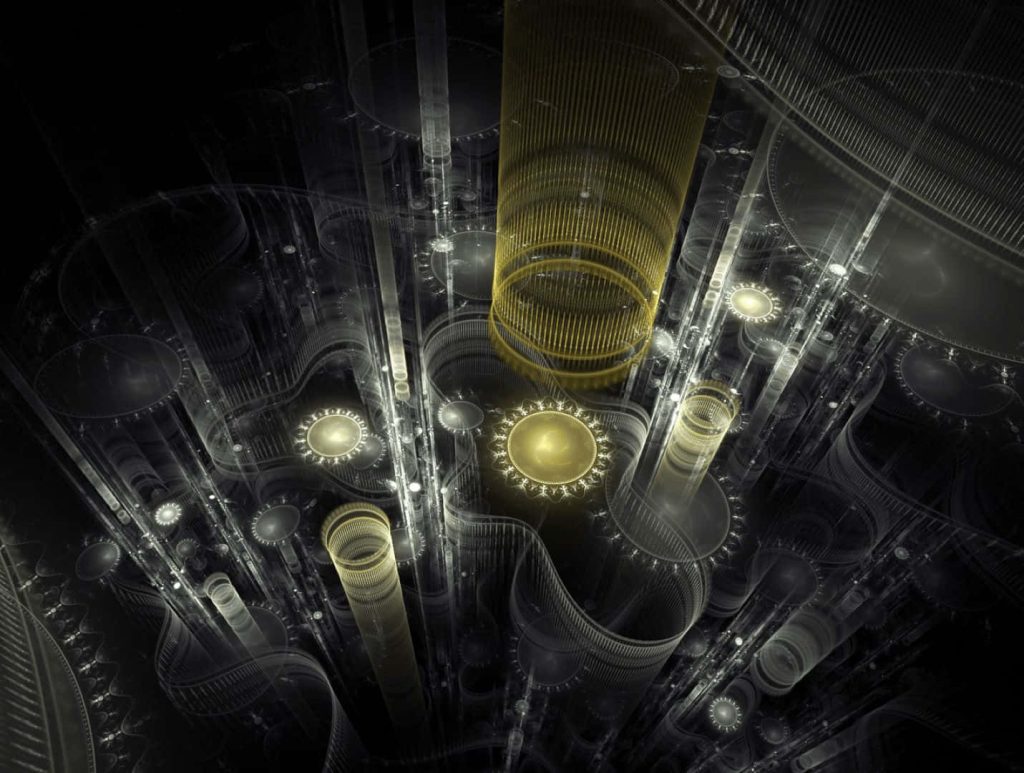 Futuristic abstract wallpaper with glowing gold gears and towers on sleek dark fractal background