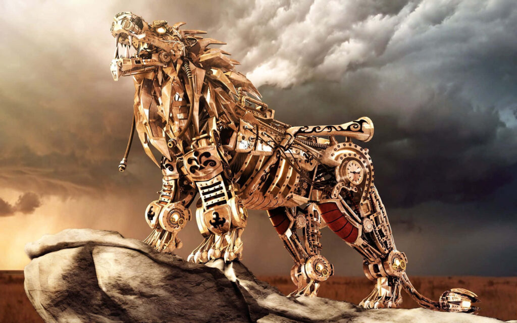 Abstract Mechanical Lion Wallpaper: Strength & Innovation Design