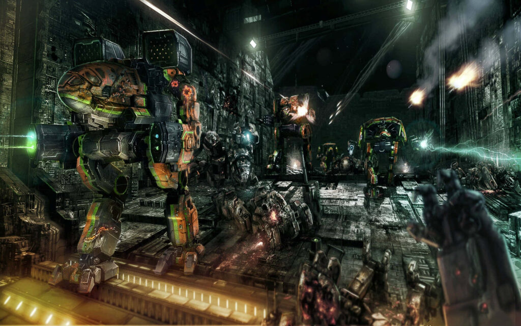 Futuristic mechs battling in dark industrial arena dynamic BattleTech universe wallpaper background