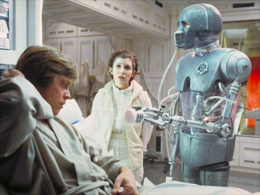 Futuristic Medical Wallpaper: Droid & Patient in Sci-Fi Hospital