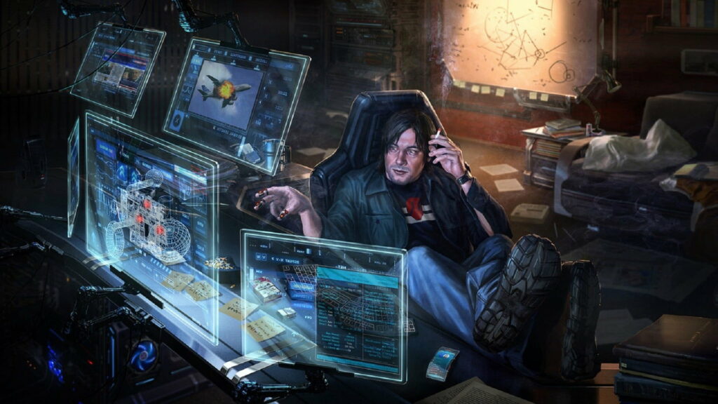 Cyberpunk hacker in black jacket in dark high tech command center with glowing holographic screens Wallpaper
