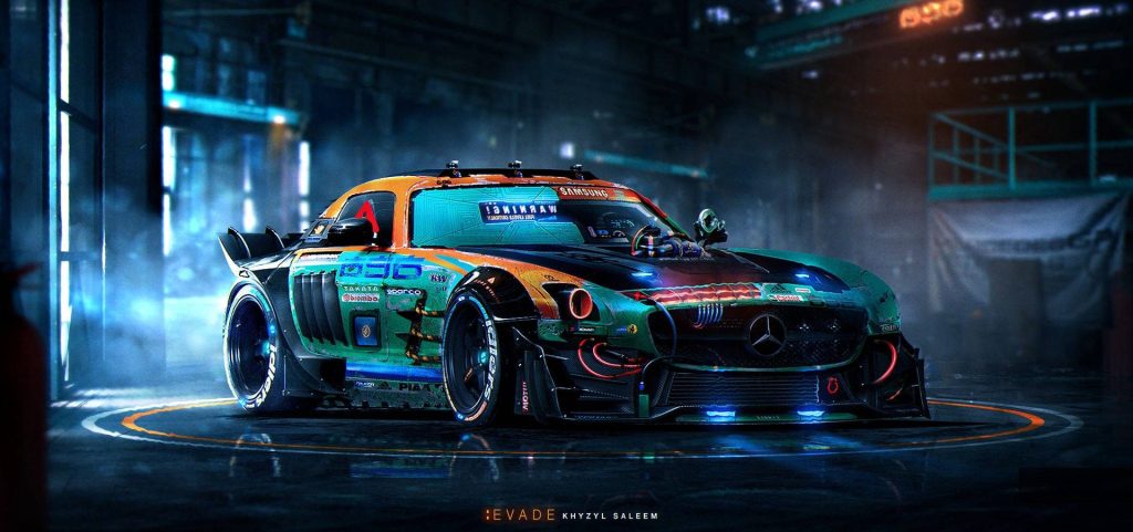 Futuristic Mercedes-Benz SLS AMG with neon teal orange racing livery in cyberpunk garage art Wallpaper