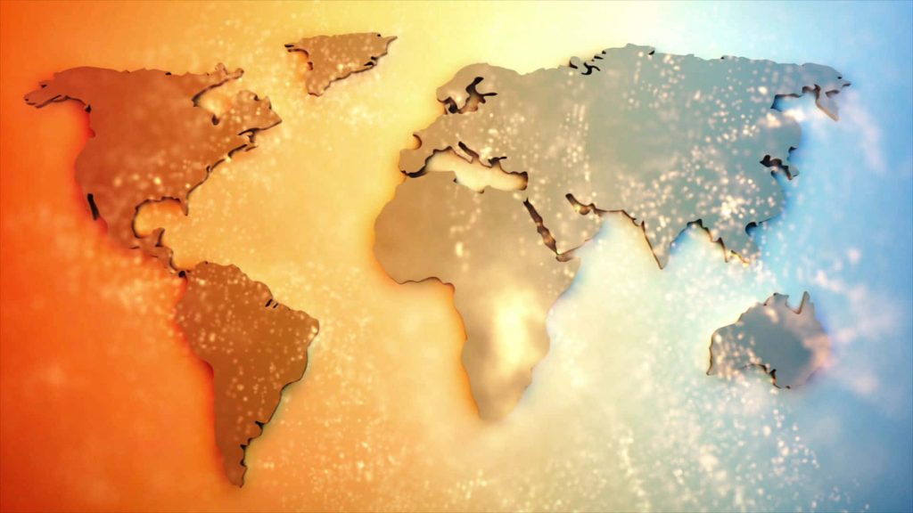 Futuristic 3D metallic world map wallpaper with glowing particles on vibrant orange blue gradient