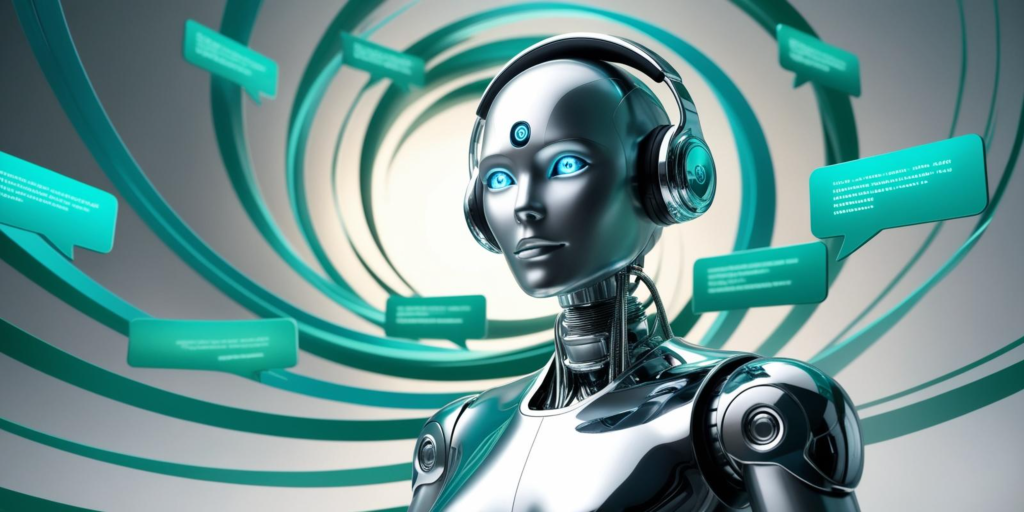 Sleek metallic android with glowing cyan eyes and headphones surrounded by teal ribbons and chat bubbles Wallpaper