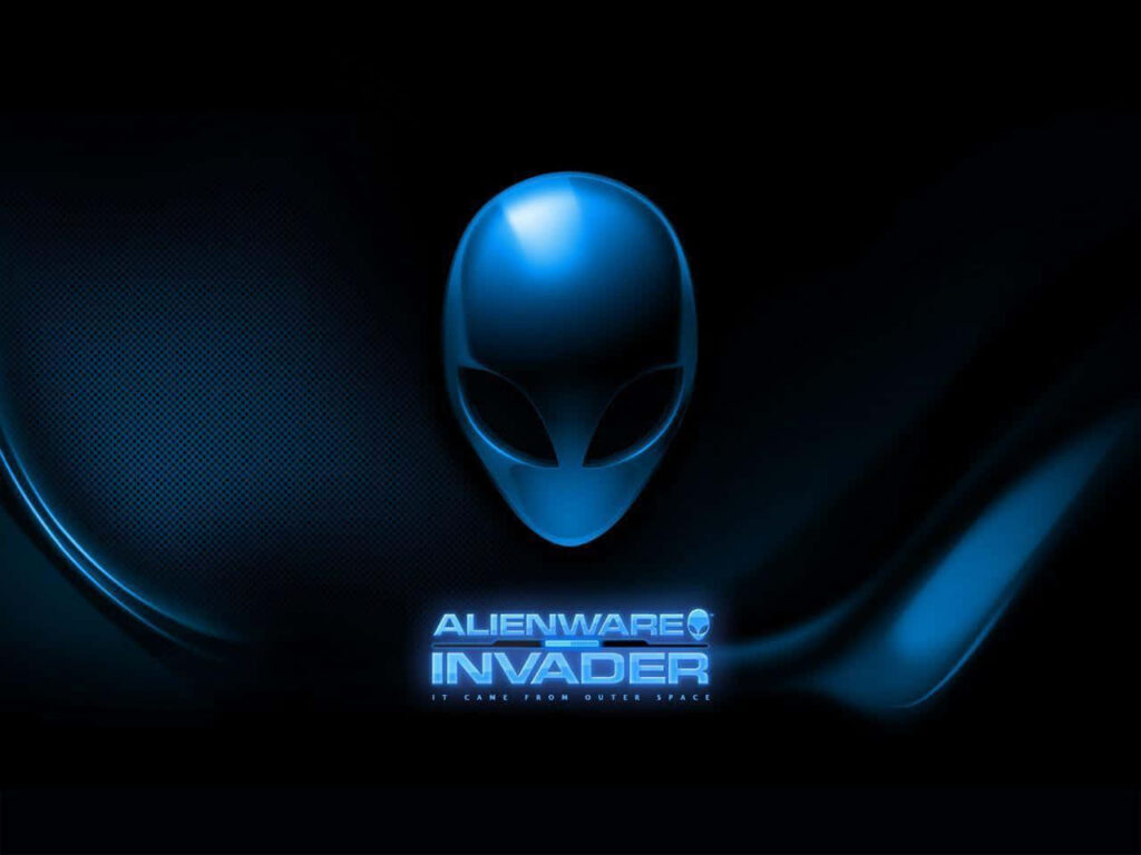 Futuristic metallic blue Alienware alien head logo on dark background for gaming enthusiasts Wallpaper
