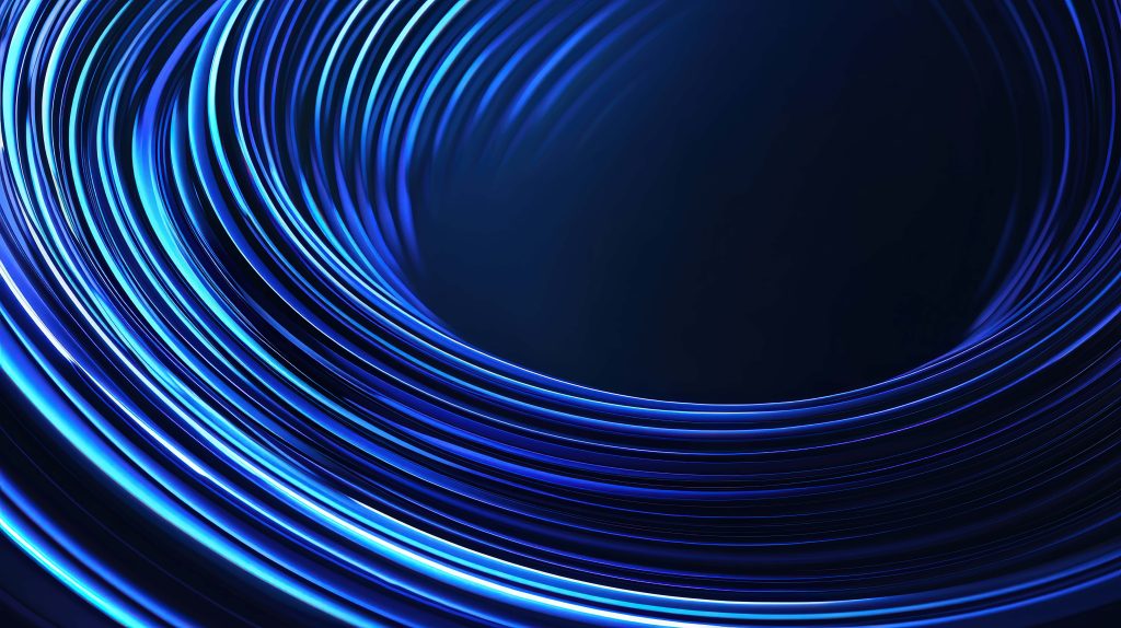 Futuristic 3D metallic blue rings spiraling into glowing digital tunnel abstract wallpaper background