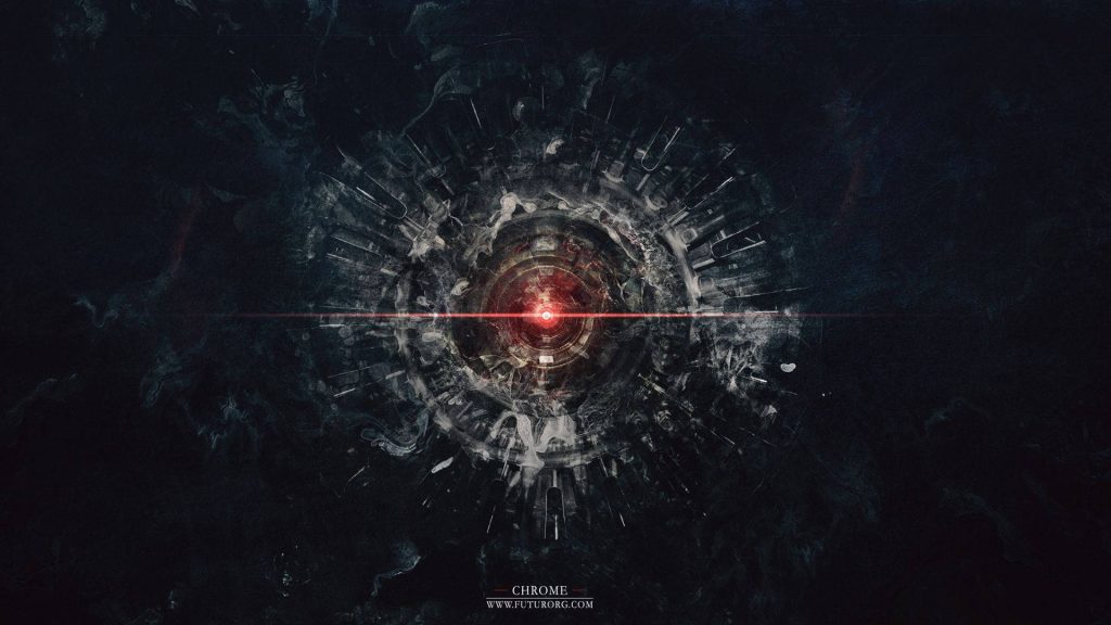 Futuristic digital art with metallic core and red light on smoky industrial sci-fi background wallpaper
