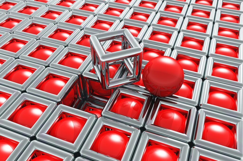 Futuristic Metallic Cube Wallpaper with Glossy Red Spheres