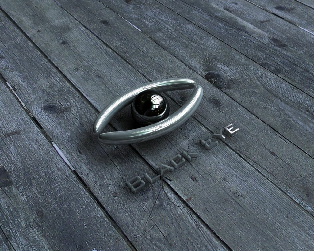Futuristic Metallic Eye Wallpaper with Shiny Black Sphere & Wood Texture