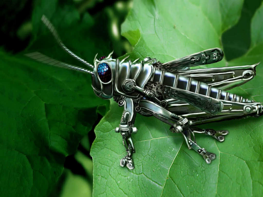 Futuristic Metallic Green Grasshopper on Lush Leaf Wallpaper