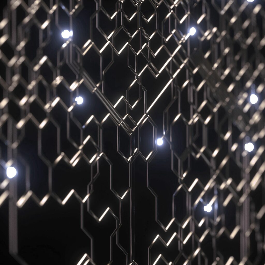 Futuristic 3D Metallic Grid Wallpaper with Glowing Lights Background