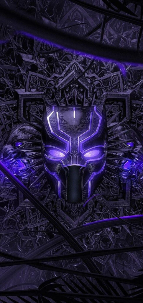 Metallic purple Black Panther mask with detailed background futuristic Android wallpaper design