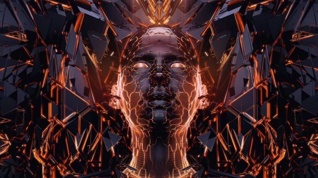 Futuristic metallic robot head glowing with orange circuits on dark geometric background wallpaper