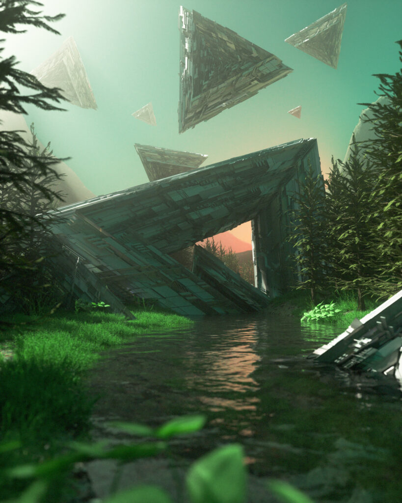 Futuristic metallic triangles floating over tranquil river with lush green trees surreal wallpaper