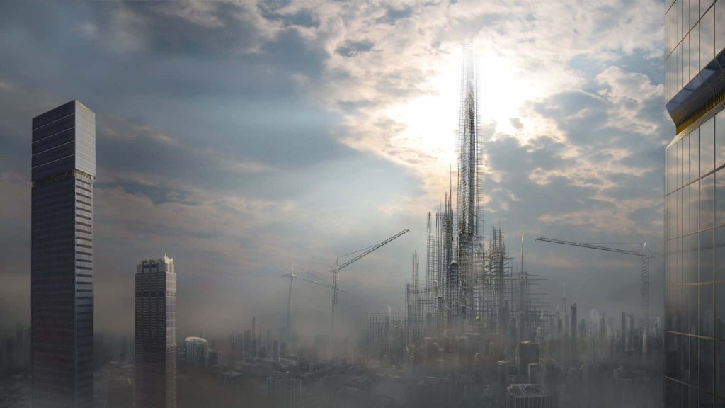 Futuristic metropolis under construction with skyscraper skeleton cranes and foggy skyline sunlight Wallpaper