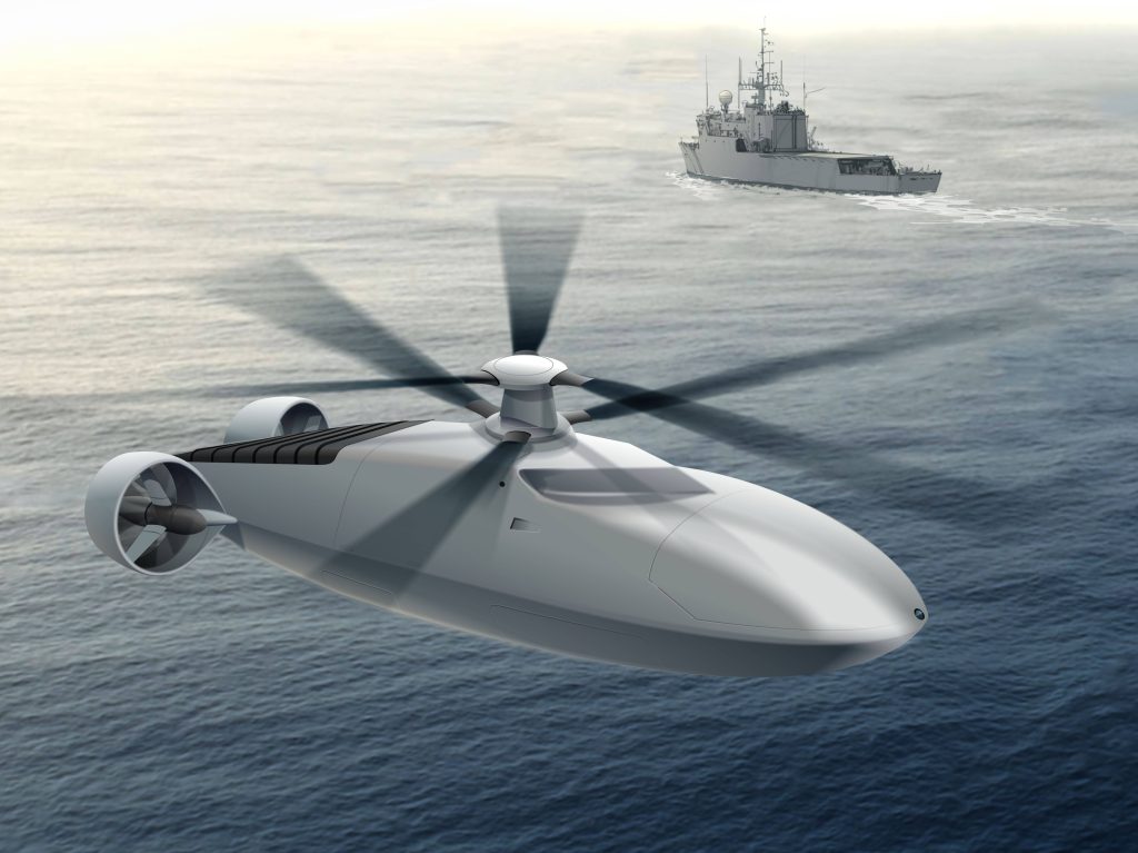 Futuristic military helicopter flies over ocean near naval ship detailed CGI concept art wallpaper