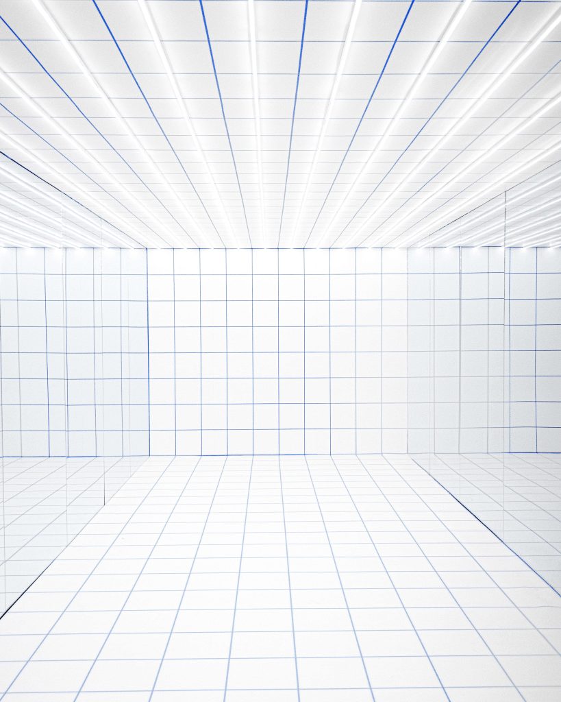 Minimalist white room with geometric grid pattern creating futuristic infinite architectural backdrop Wallpaper