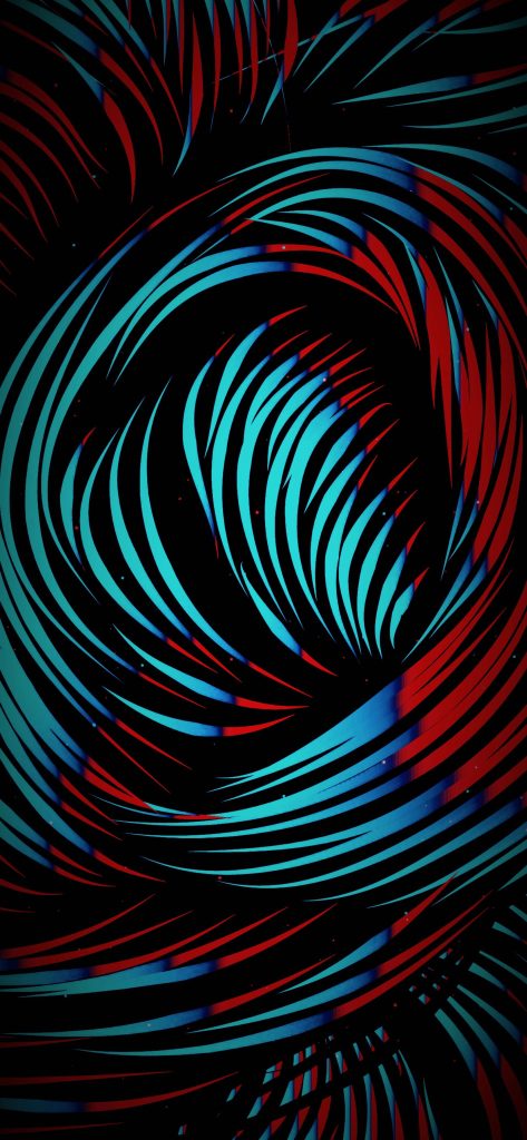 Minimalist abstract iPhone wallpaper with vivid cyan red curves on black futuristic vortex background