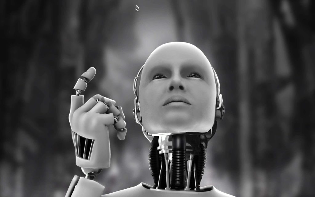 Monochrome AI robot with mechanical neck raising hand futuristic CGI wallpaper background