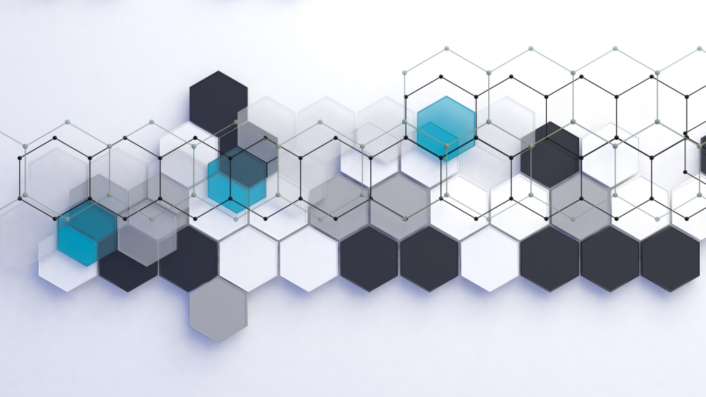Futuristic CGI wallpaper with layered hexagonal tiles in grey black white and cyan wireframe mesh design