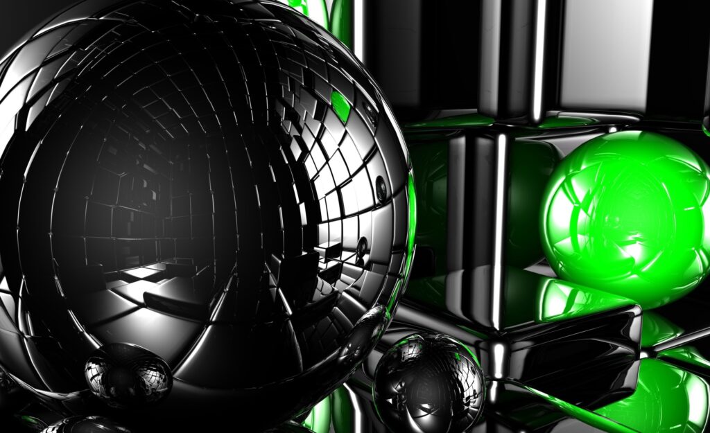 Futuristic Monochrome Wallpaper with Glossy Spheres & Green Accents